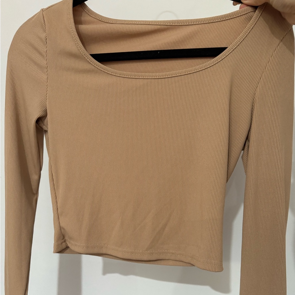 Tan/brown long sleeve slightly cropped square neck top
